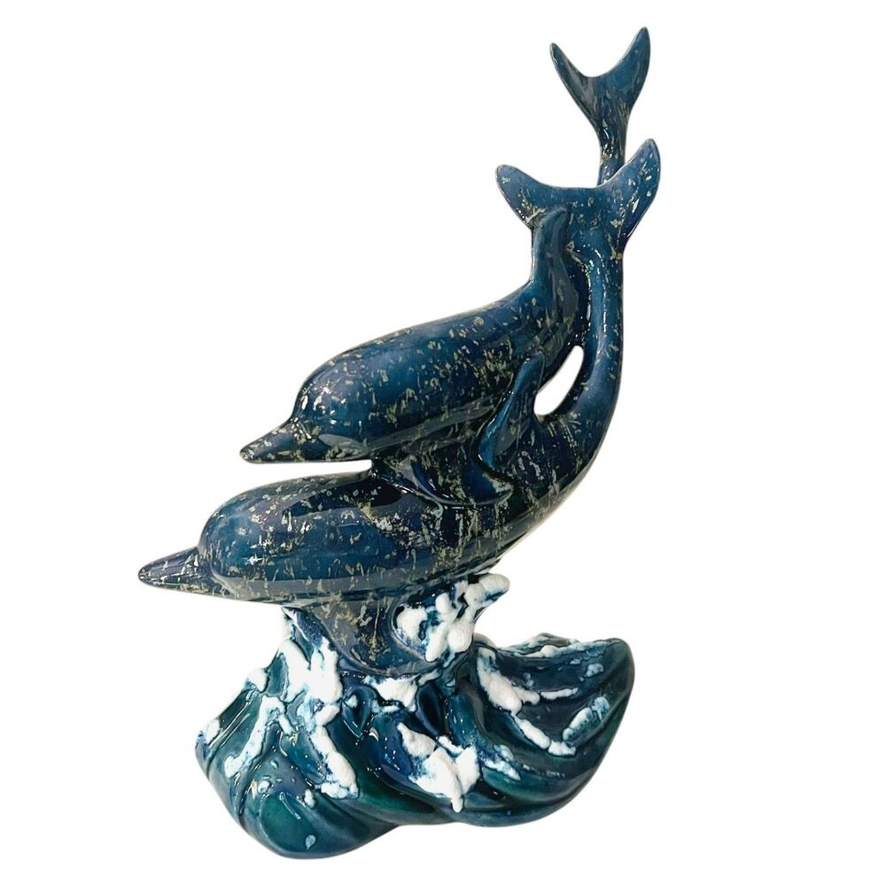 Vintage MB Designs Ceramic Double Dolphin Ocean Wave Sculpture 12” Coastal Decor